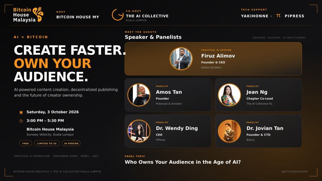 AI × Bitcoin: Crea más rápido. Sé dueño de tu audiencia. — event poster